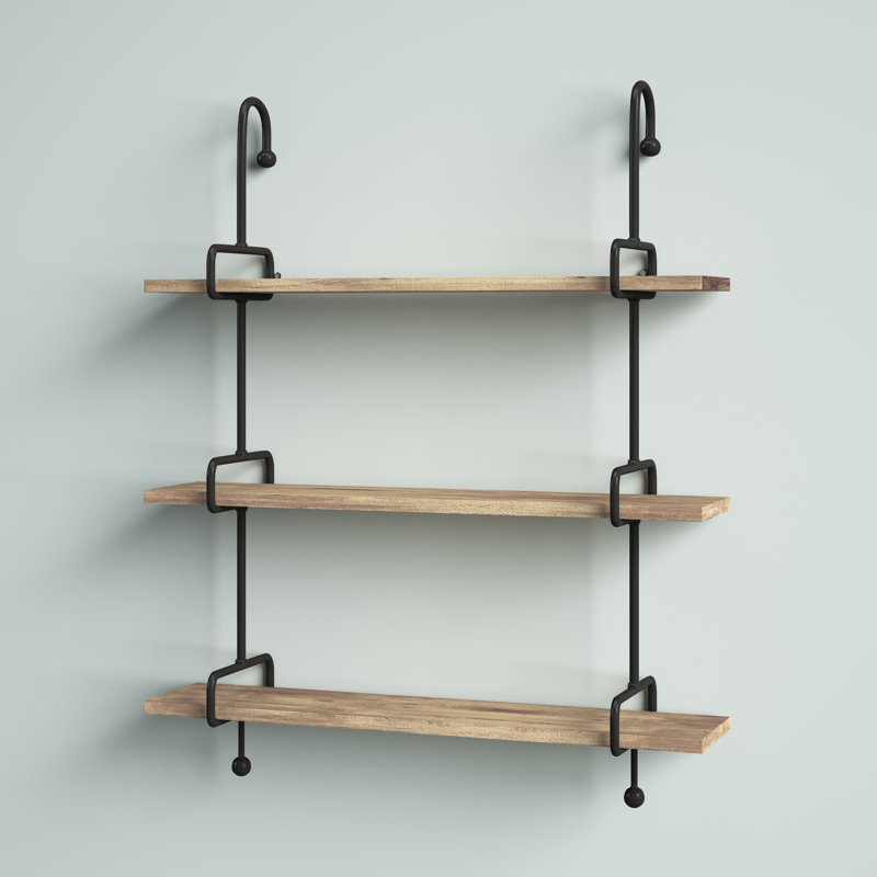 3-Tier Wall Shelves, Black Metal newest with Natural Mango Wood